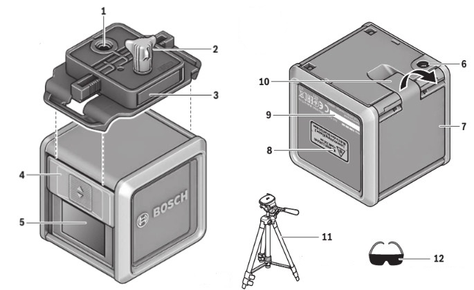 Основные элементы лазерного нивелира Quigo Green + tripod Bosch Основные элементы лазерного нивелира Quigo Green + tripod Bosch